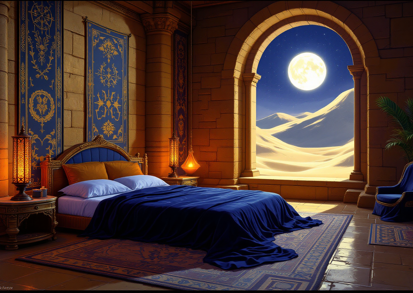 Moonlit desert palace bedroom