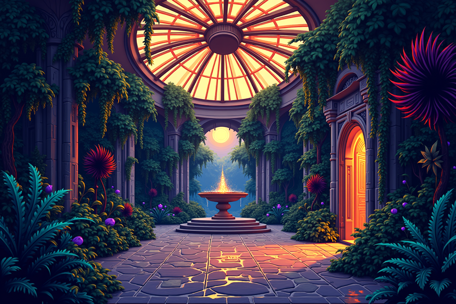 A lush, domed conservatory garden